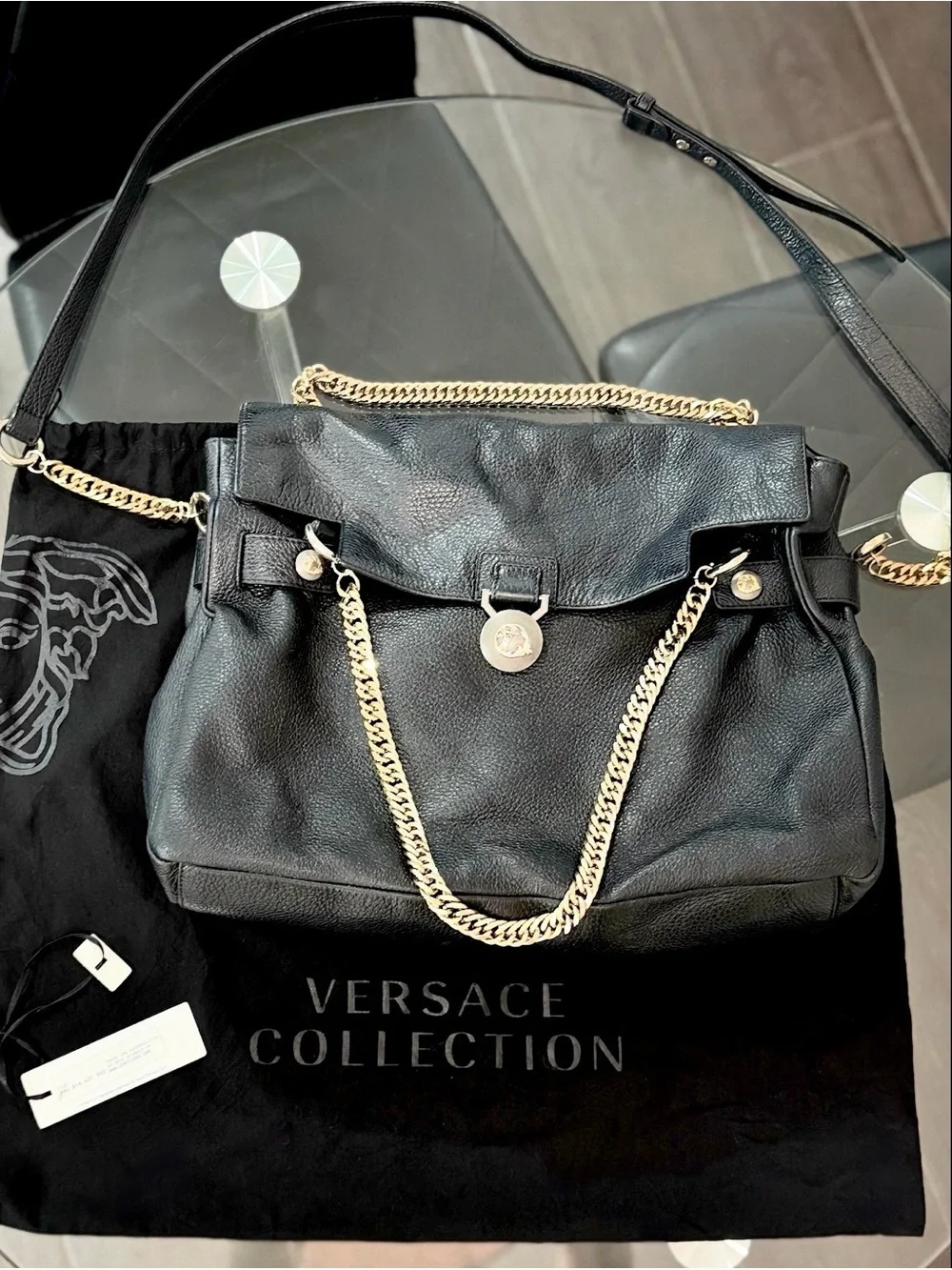 Versace Collection Black Leather Shoulder Bag with Gold Chain Accents
